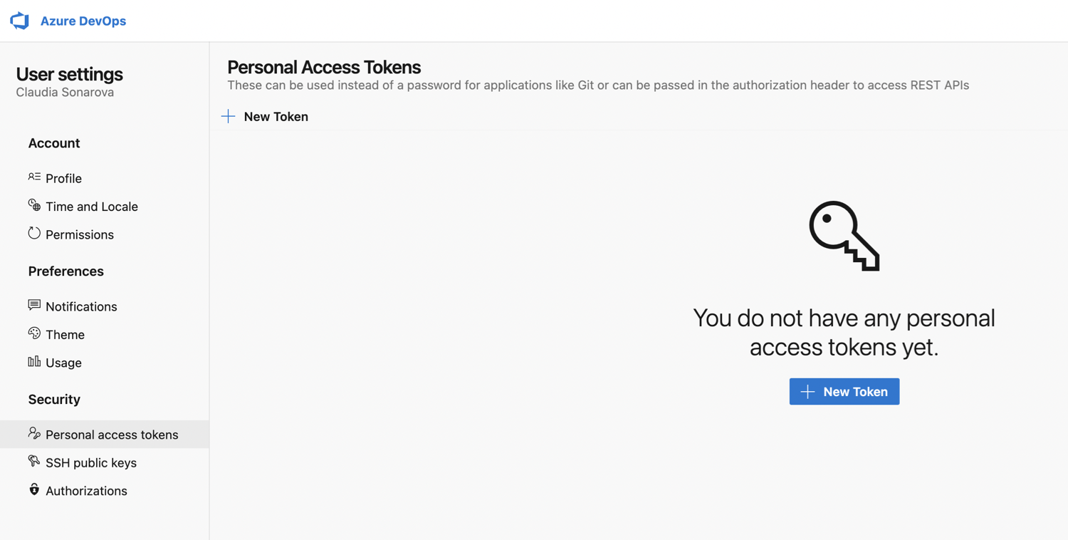 Personal access tokens page