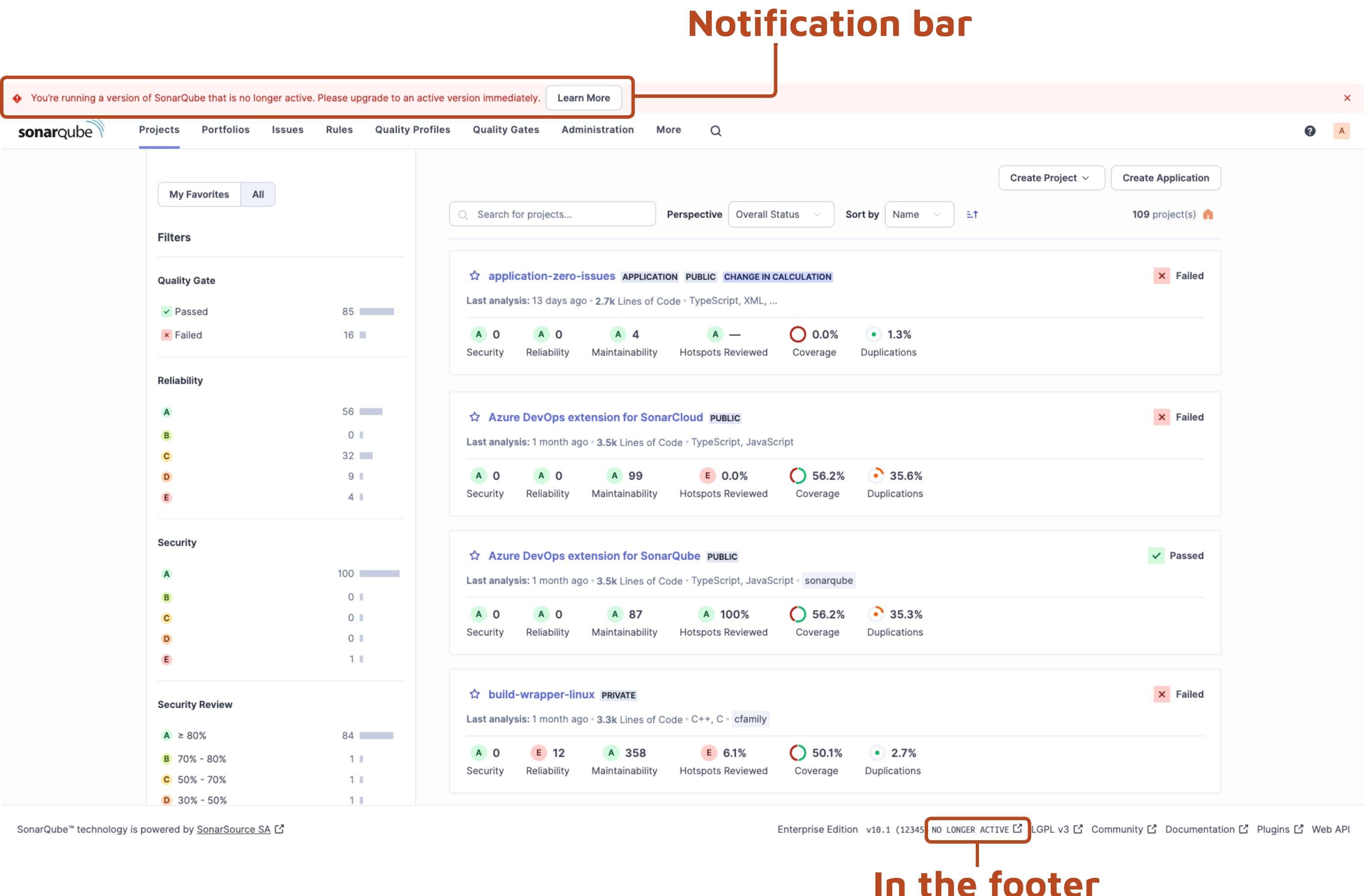 Notification bar showing the active status of SonarQube Server